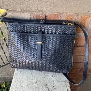 BRAHMIN Vintage Melbourne Remy Woven Navy Blue Slim Zip Shoulder Bag Crossbody